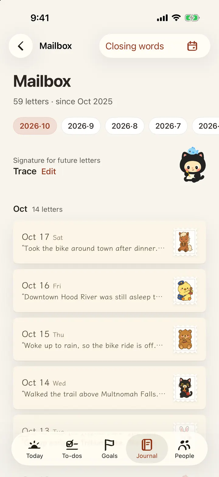 The mailbox, letters kept by month