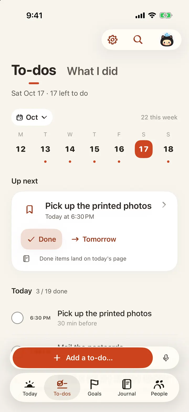 The to-do page for today
